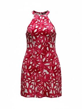 Trina Turk Red Fuchsia Floral Cutout Halter Dress